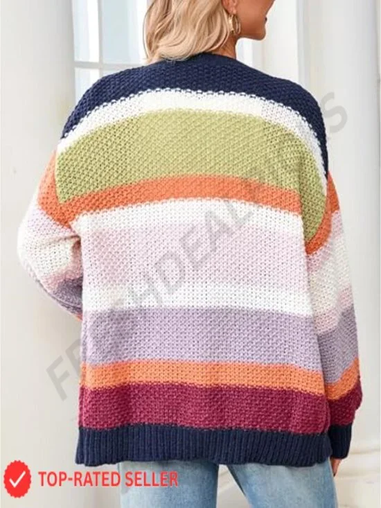 Oversized Chunky Knit Cardigan Sweater Open Front Long Sleeve Striped Y2K Chic - Picture 6 of 7